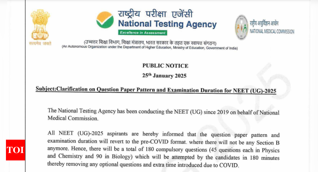 NEET UG 2025 exam pattern revised: NTA issues important notice clarifying question scheme, exam duration