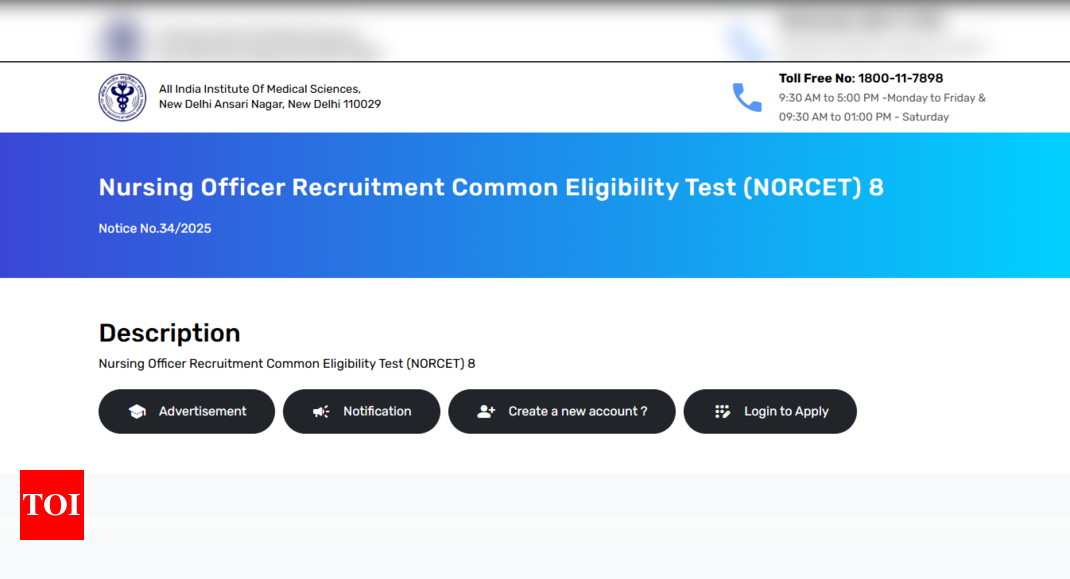 AIIMS NORCET 8 vacancies released: Check official notice for over 1700 posts |