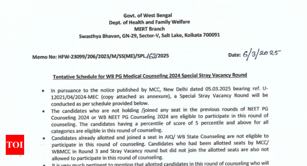 West Bengal NEET PG 2024 special stray vacancy round from March 10, check full schedule here