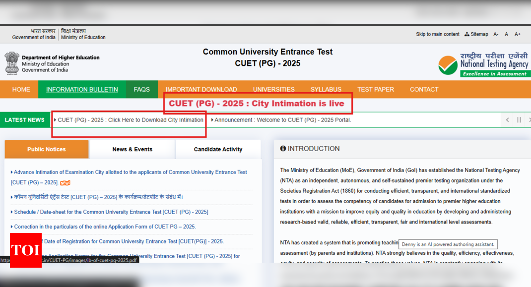 CUET PG 2025 city intimation slip released: Direct link to download here